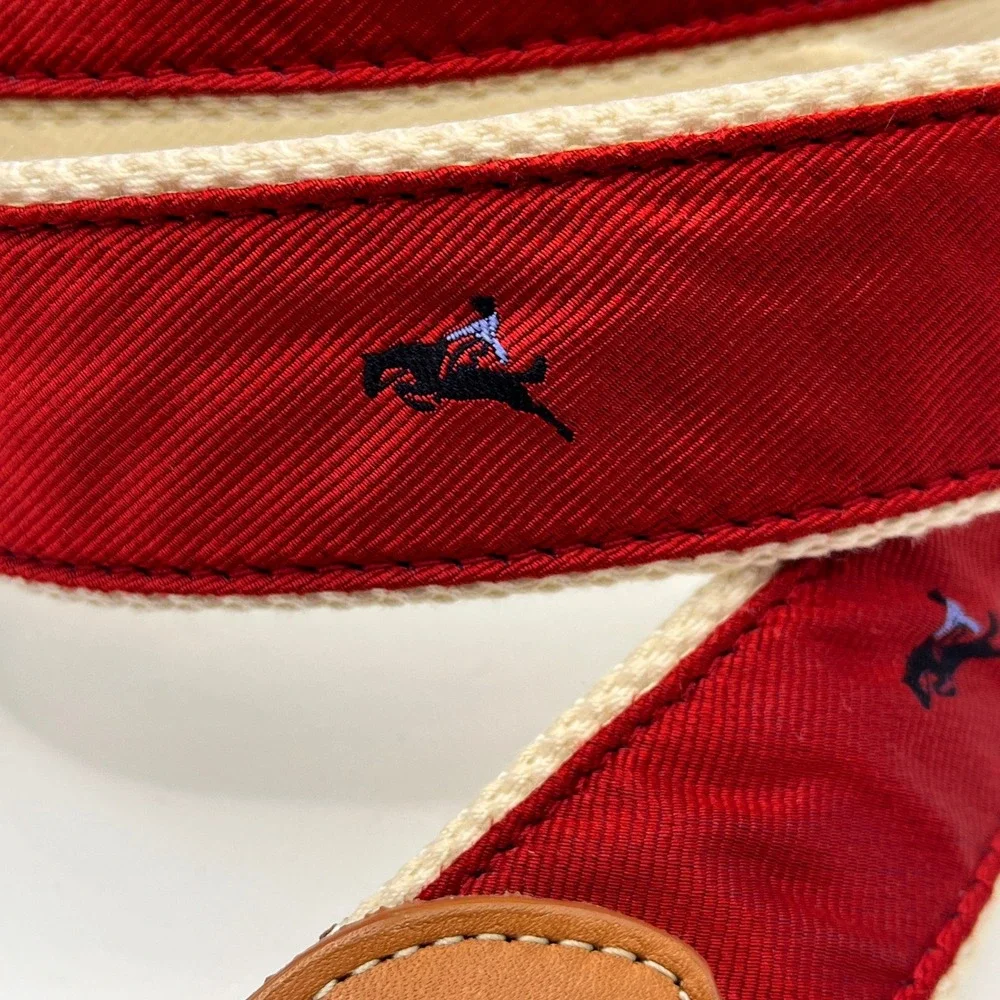 J.McLaughlin Red Canvas Belt with Equestrian Motif Gold Buckle Mens Size‎ M